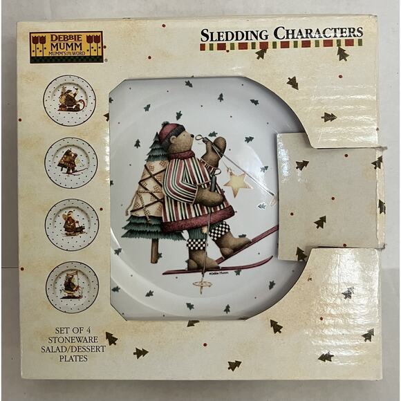 Sakura Debbie Mumm 4 Stoneware 8” Salad Dessert Plates Sledding Characters NOB - Picture 1 of 11